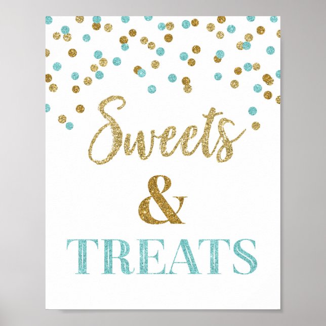 Blue Gold Confetti Sweets & Treats Dessert Table Poster (Front)