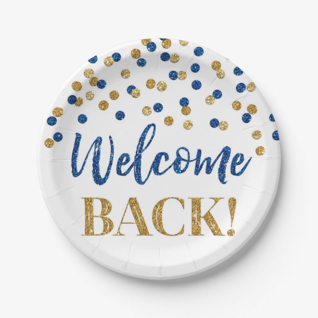 Blue Gold Confetti Welcome Back Paper Plates (Front)