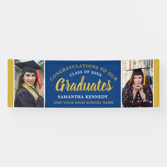 Blue Gold Congrats Graduates 2 Photo Graduation Banner (Horizontal)