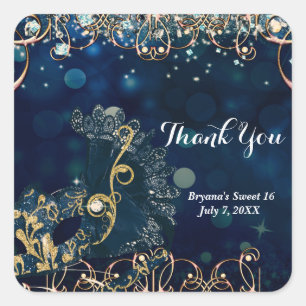 Blue & Gold Costume Masquerade Mask Birthday Party Square Sticker