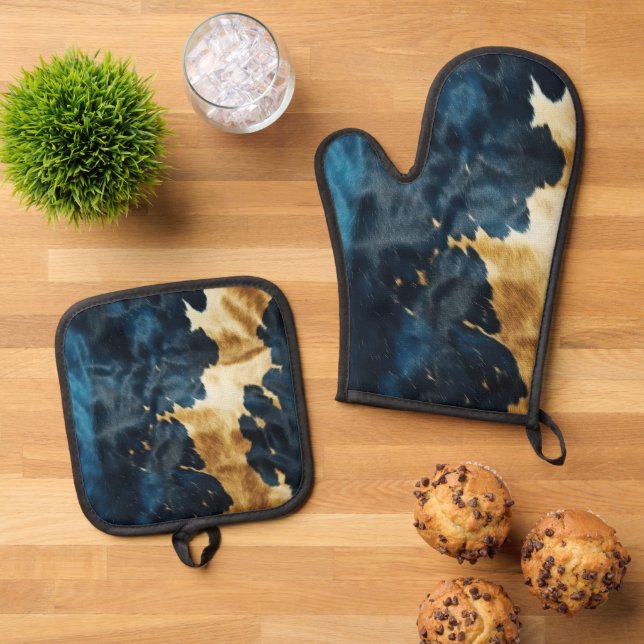 Blue Gold Cowboy Cowgirl Cowhide Oven Mitt & Pot Holder Set (Top Down)
