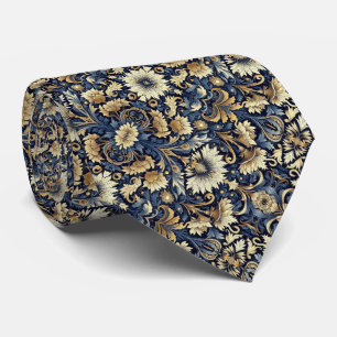 Blue, Gold, Cream & Black Floral Pattern  Tie