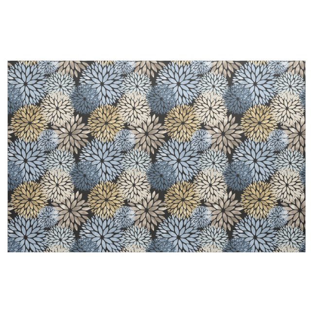 Blue Gold Cream Dahlia Floral Pattern Fabric (Fat Quarter)