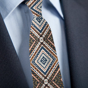 Blue Gold Cream Rust Diamond Pattern Tie