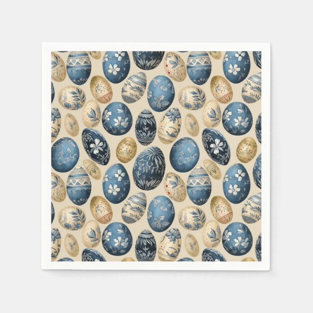 Blue, Gold & Cream Vintage Egg Pattern Napkin (Front)