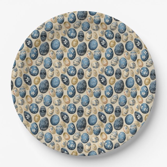 Blue, Gold & Cream Vintage Egg Pattern Paper Plate (Front)
