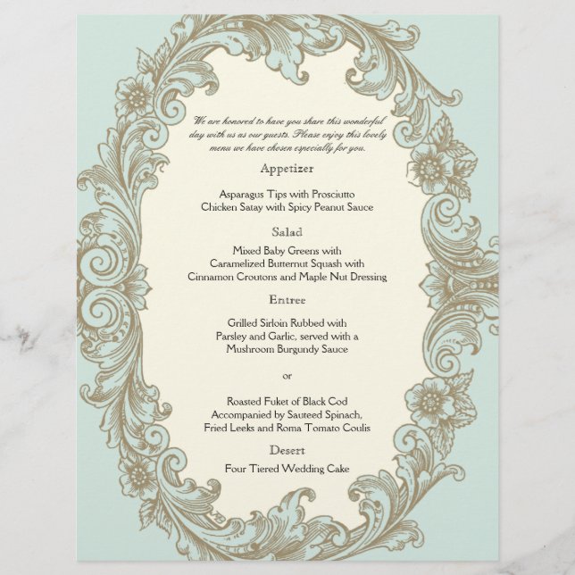 Blue Gold Cream Vintage Frame Wedding Menu (Front)