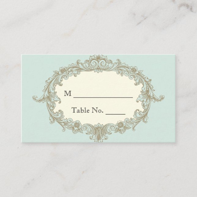 Blue Gold Cream Vintage Frame Wedding Place Cards (Front)