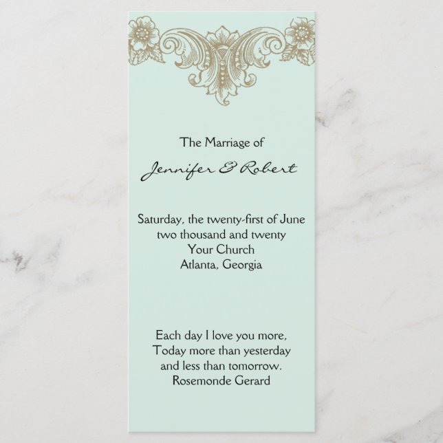 Blue Gold Cream Vintage Frame Wedding Program Programme (Front)