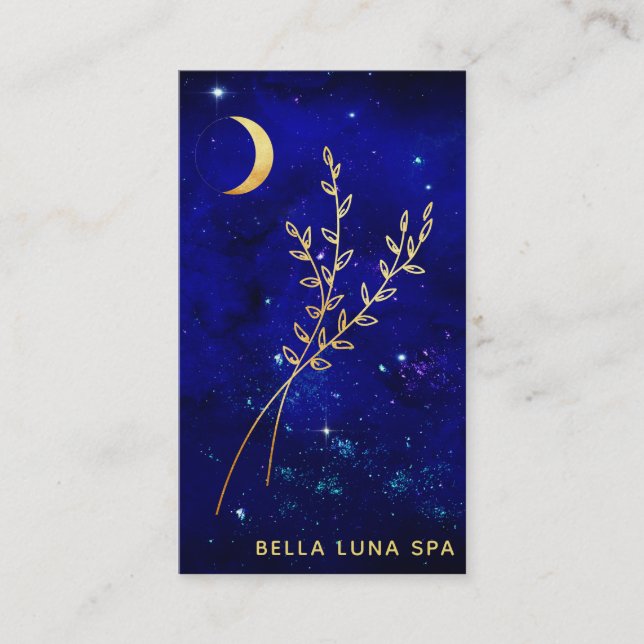 *~*  Blue Gold Crescent Moon  Foliage Leaves Business Card (Front)