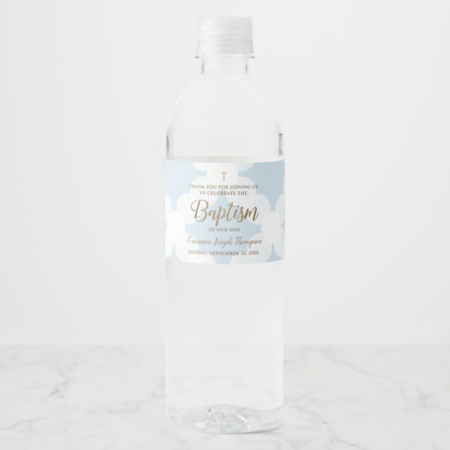 Blue Gold Cross Baby Boy Custom Baptism Water Bottle Label (Front)