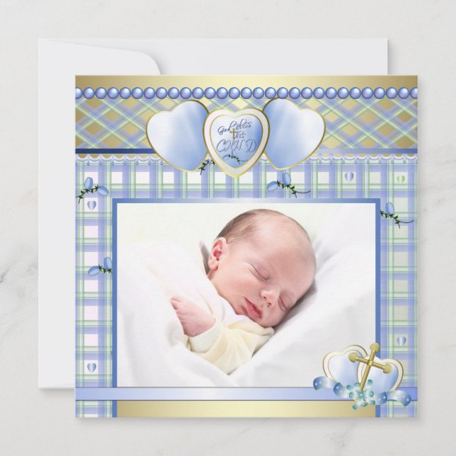 Blue Gold Cross Blue Baby Boy Photo Christening Invitation (Front)