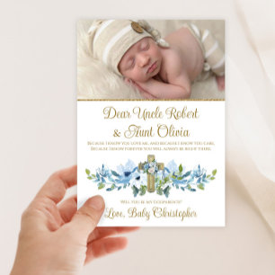 Blue Gold Cross Boy Photo Godparent Invitation