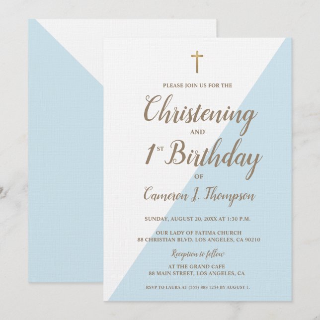 Blue Gold Cross Christening 1st Birthday Combined  Invitation (Front/Back)