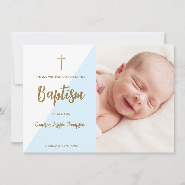 Blue Gold cross Custom Modern Baby Boy Baptism  Thank You Card (Front)