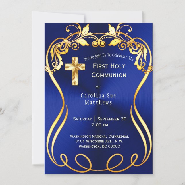 Blue Gold Cross Elegant First Communion Invitation (Front)