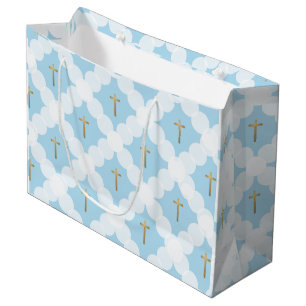 Blue Gold Cross Modern Baptism Large Gift Bag