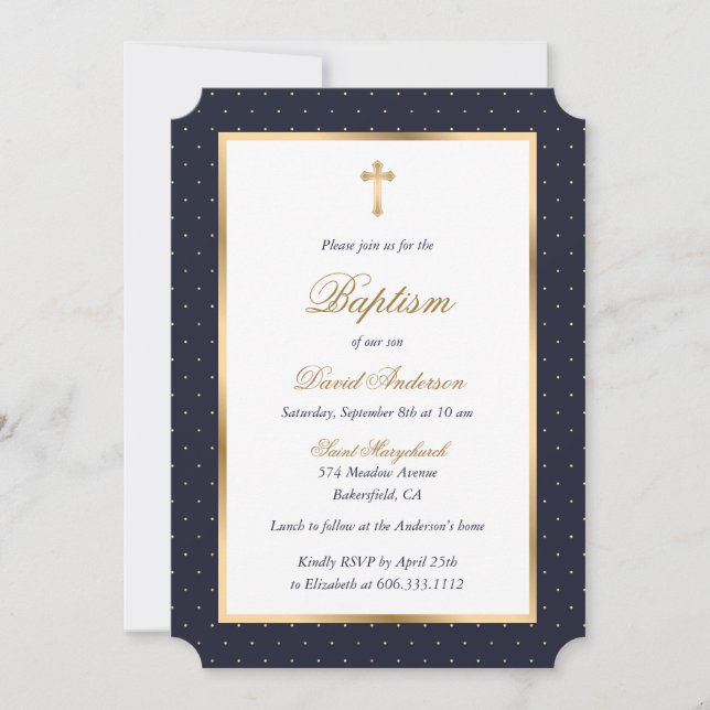 Blue Gold Cross Polka Dots Elegant Script Baptism Invitation (Front)