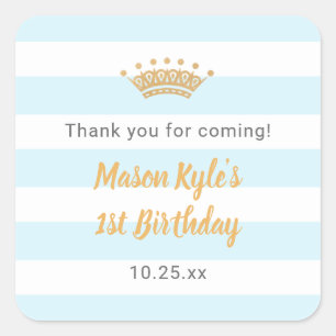 Blue Gold Crown birthday party thank you favour Square Sticker