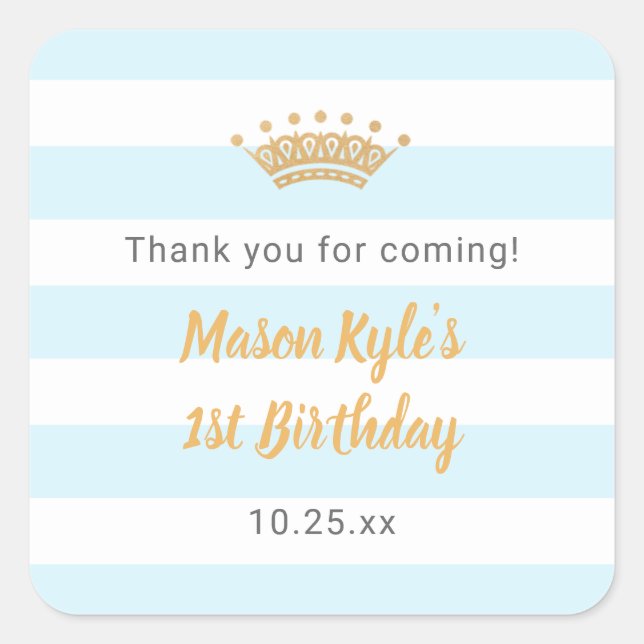 Blue Gold Crown birthday party thank you favour Square Sticker (Front)