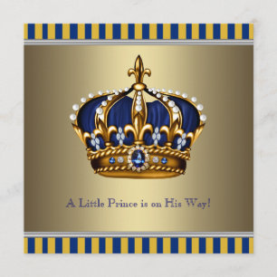 Blue Gold Crown Little Prince Baby Shower Invitation