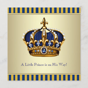 Blue Gold Crown Little Prince Baby Shower Invitation
