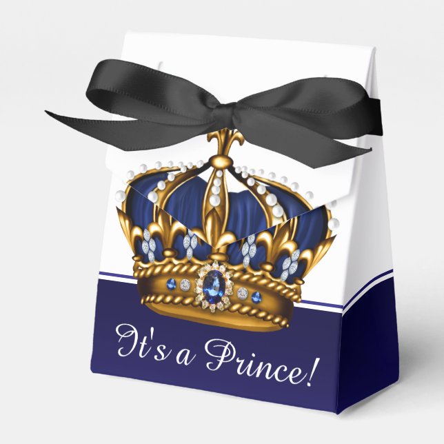 Blue Gold Crown Little Prince Boy Baby Shower Favour Box (Front Side)