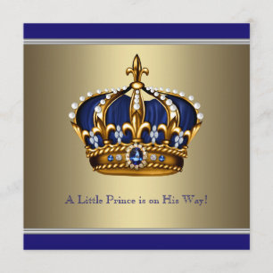 Blue Gold Crown Little Prince Boy Baby Shower Invitation
