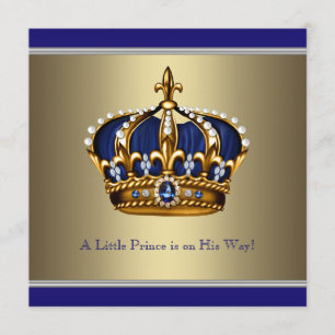 Blue Gold Crown Little Prince Boy Baby Shower Invitation