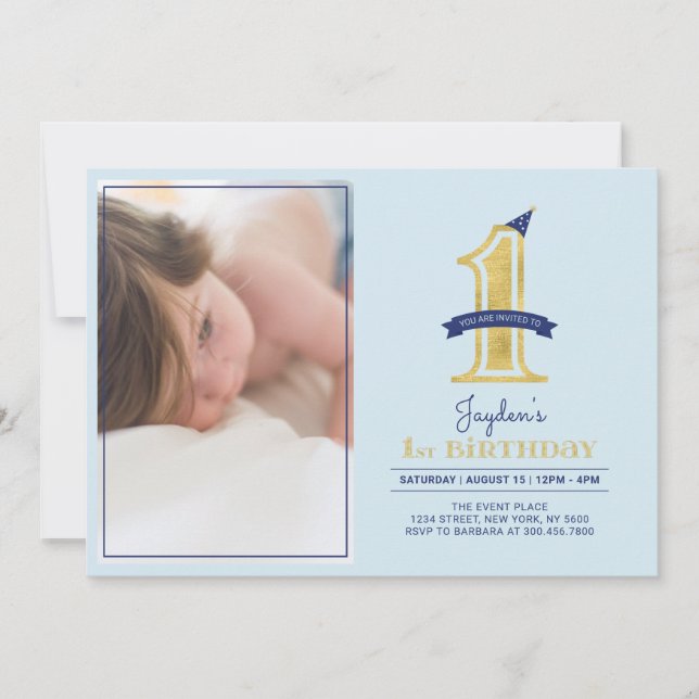 Blue & Gold |  Cute Modern Boy 1st Birthday Party Invitation (Front)