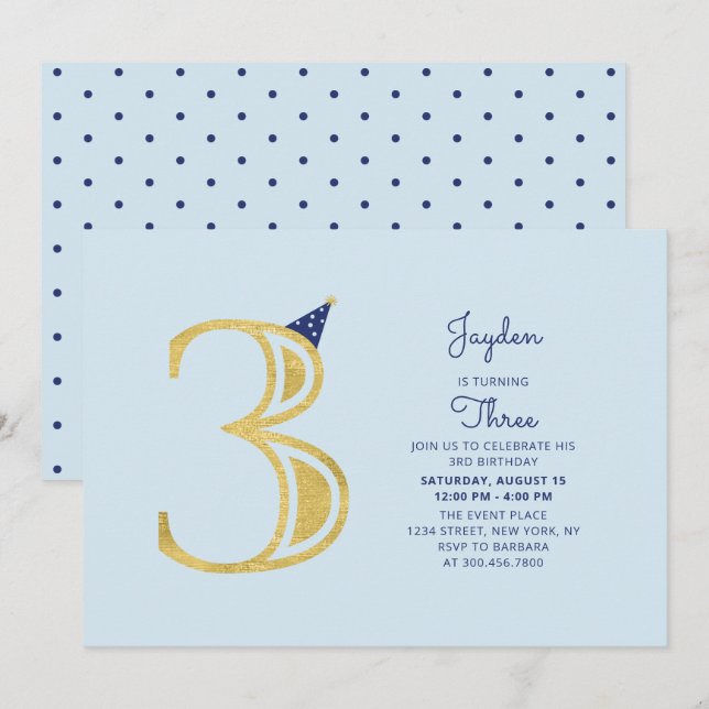Blue & Gold |  Cute Modern Boy 3rd Birthday Party Invitation (Front/Back)