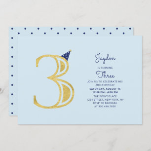 Blue & Gold    Cute Modern Boy 3rd Birthday Party Invitation