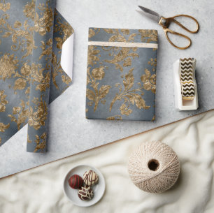 Blue & Gold Damask Faux Velvet Holiday Wrapping Paper