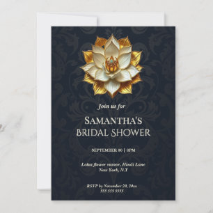 Blue Gold Damask Lotus Bridal Shower Holiday Card