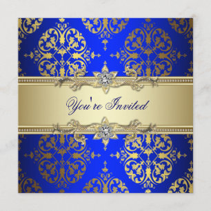 Blue Gold Damask Party Invitation