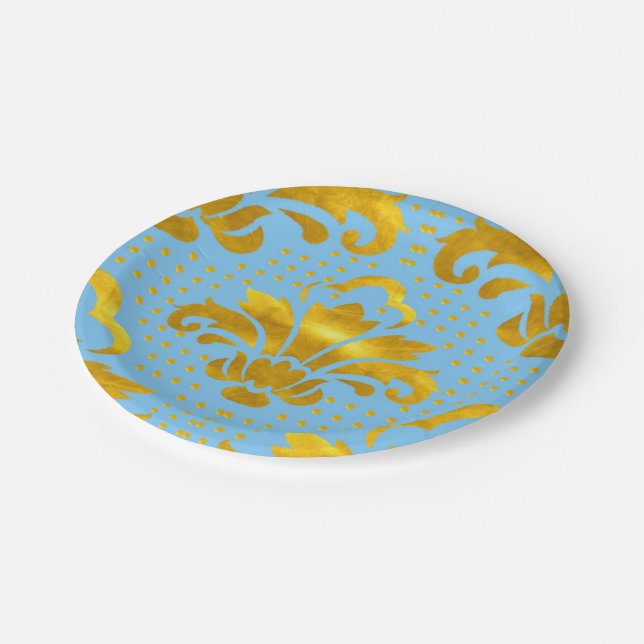 Blue Gold Damask Pattern Paper Plate (Angled)