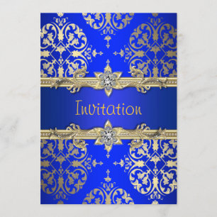 Blue Gold Damask Royal Blue Party Announcement