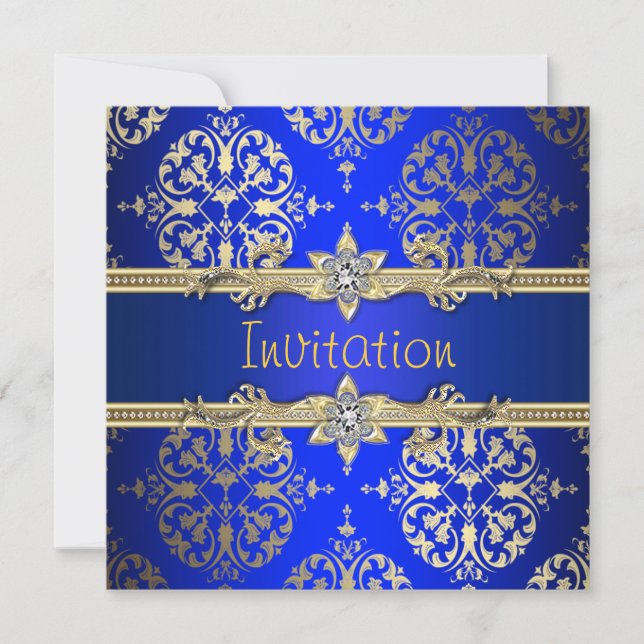 Blue Gold Damask Royal Blue Party Invitation (Front)