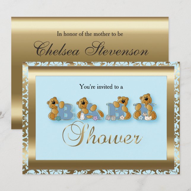 Blue & Gold Damask with Teddy Bear  | Baby Shower Invitation (Front/Back)
