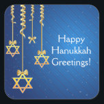 Blue/Gold Dangling Star of David Hanukkah Square Sticker<br><div class="desc">Elegant gold ribbons with dangling Star of David ornaments add an elegant and classy touch for celebrating Hanukkah and the festival of lights.  Blue diagonal stripe background.</div>