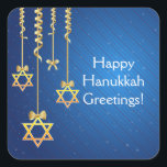 Blue/Gold Dangling Star of David Hanukkah Square Sticker<br><div class="desc">Elegant gold ribbons with dangling Star of David ornaments add an elegant and classy touch for celebrating Hanukkah and the festival of lights.  Blue diagonal stripe background.</div>