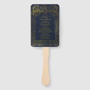 Blue  Gold Deco Chic Glam Wedding Program Hand Fan