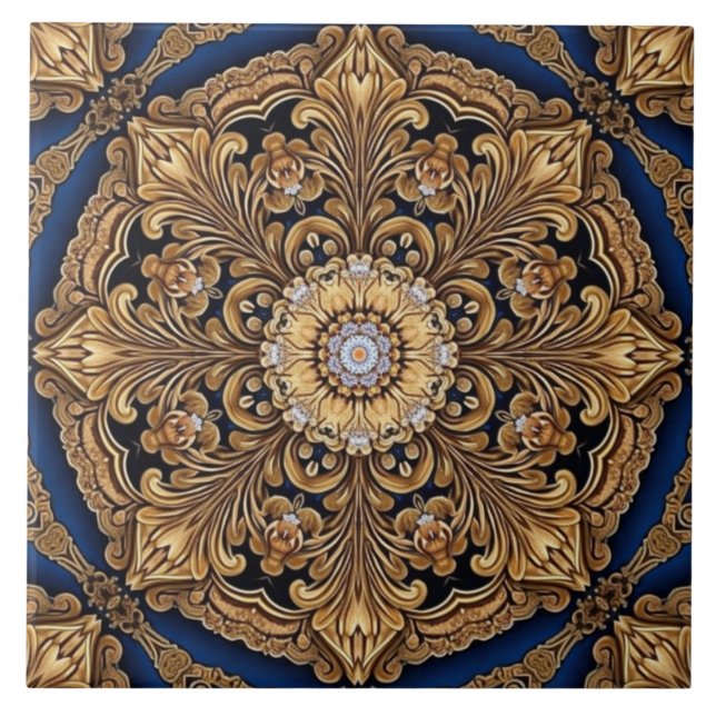 Blue Gold Decorative Ceramic Tile (Front)