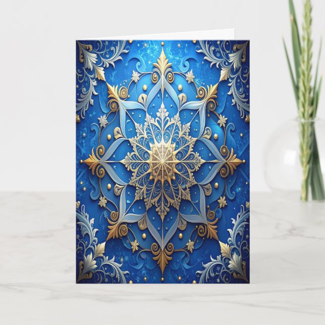 Blue Gold Decorative Holiday Card (Front)