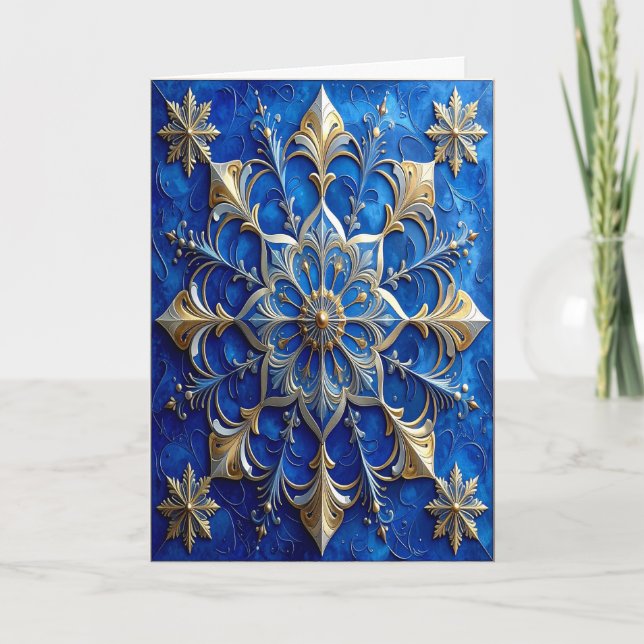 Blue Gold Decorative Holiday Card (Front)