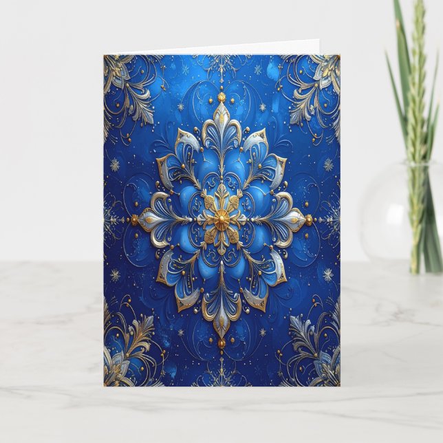Blue Gold Decorative Holiday Card (Front)