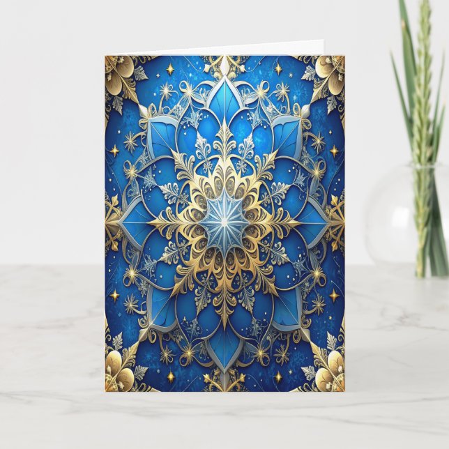 Blue Gold Decorative Holiday Card (Front)