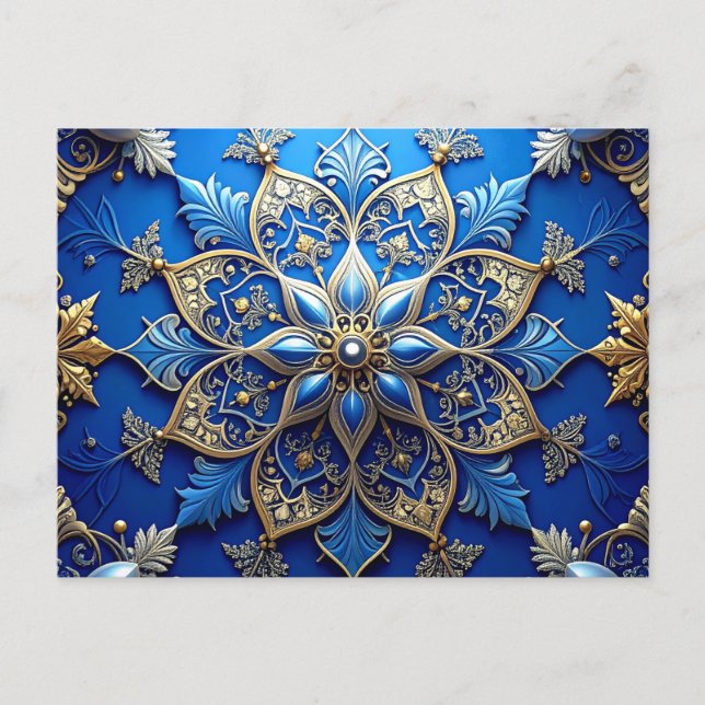 Blue Gold Decorative Holiday Postcard (Front)