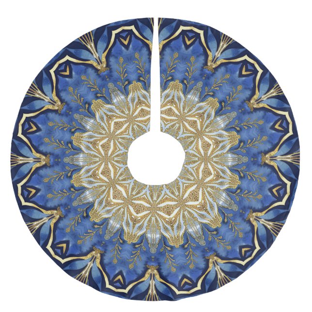 Blue Gold Decorative Holiday Tree Skirt (Front)