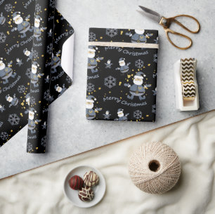 Blue Gold Denim Black Christmas Santa Pattern Wrapping Paper